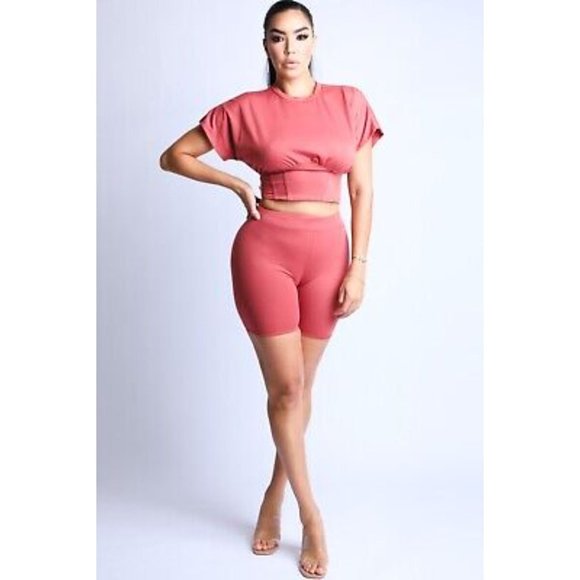 Women's Short Sleeves Corseted Top And Matching Biker Shorts 2 Piece Outfit Set - Picture 10 of 10